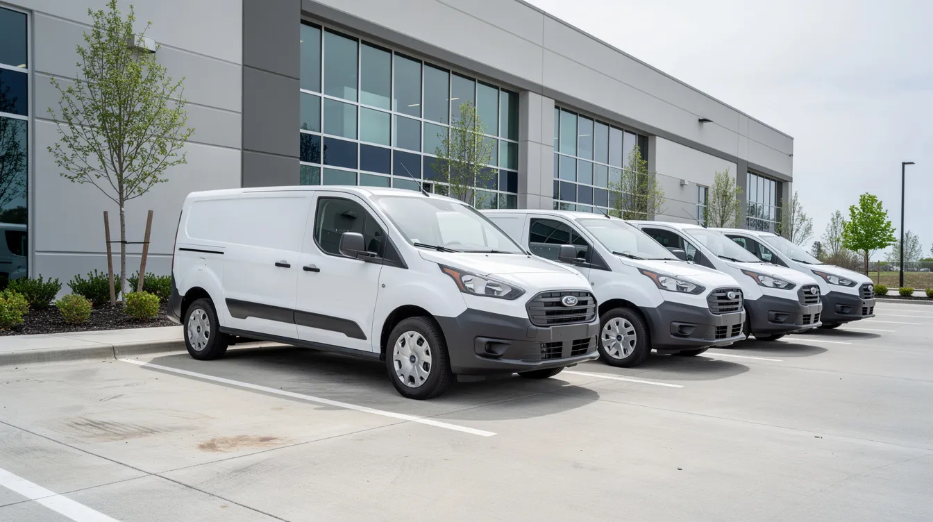 The image shows a row of white service vans parked neatly in front of a commercial building, suggesting a fleet management scenario. These vehicles could be equipped with GPS tracking devices for real-time location updates and vehicle diagnostics, ensuring efficient tracking and safety for small business owners.