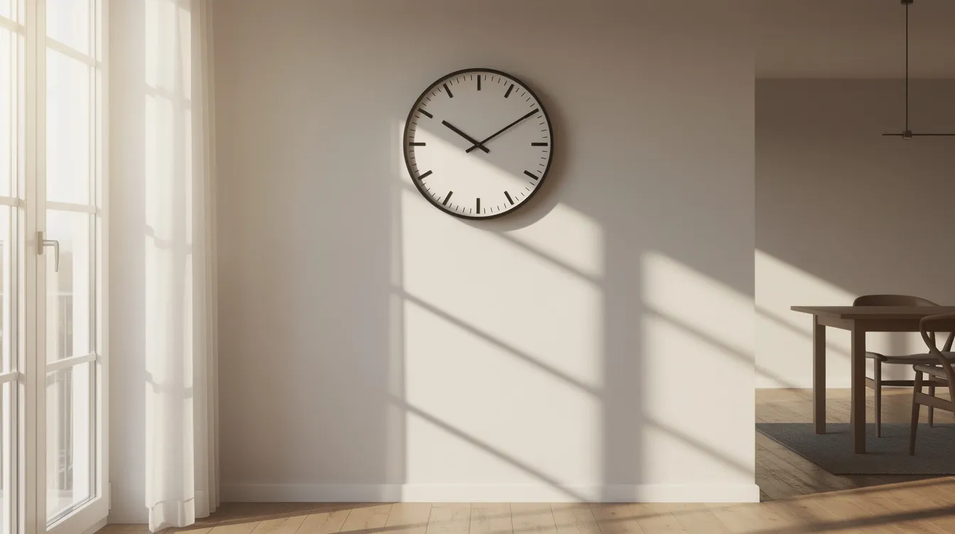 A wall clock ticks steadily, indicating the passage of time, while sunlight gradually moves across the room, creating a warm and inviting atmosphere. The scene captures a moment of tranquility, highlighting the importance of time and the natural light that fills the space.