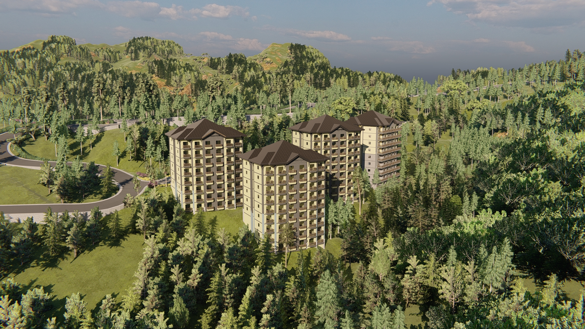 The Alpine Villas at Crosswinds | Brienz Tower 2nd Building from the left | Artists Perspective