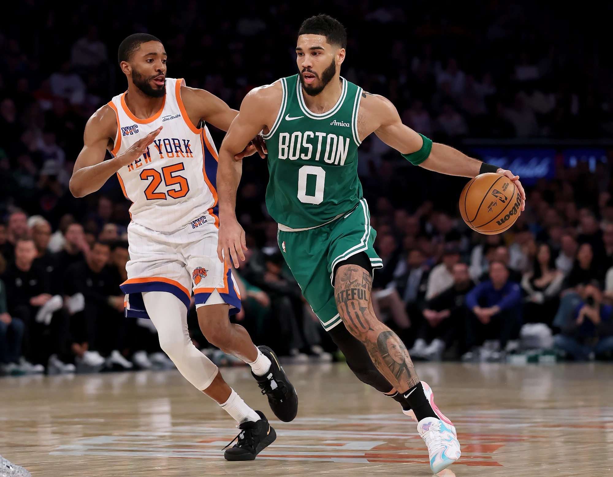 Jayson Tatum #0 of the Boston Celtics heads for the net as Mikal Bridges #25 of the New York Knicks defends at Madison Square Garden on February 08, 2025 in New York City. 