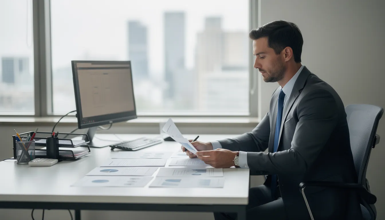 A professional is seated at a desk in an office, reviewing various documents, likely related to social security disability claims. The scene suggests a focus on evaluating medical records and necessary documentation for disability benefits, emphasizing the importance of proper application processes for financial assistance.