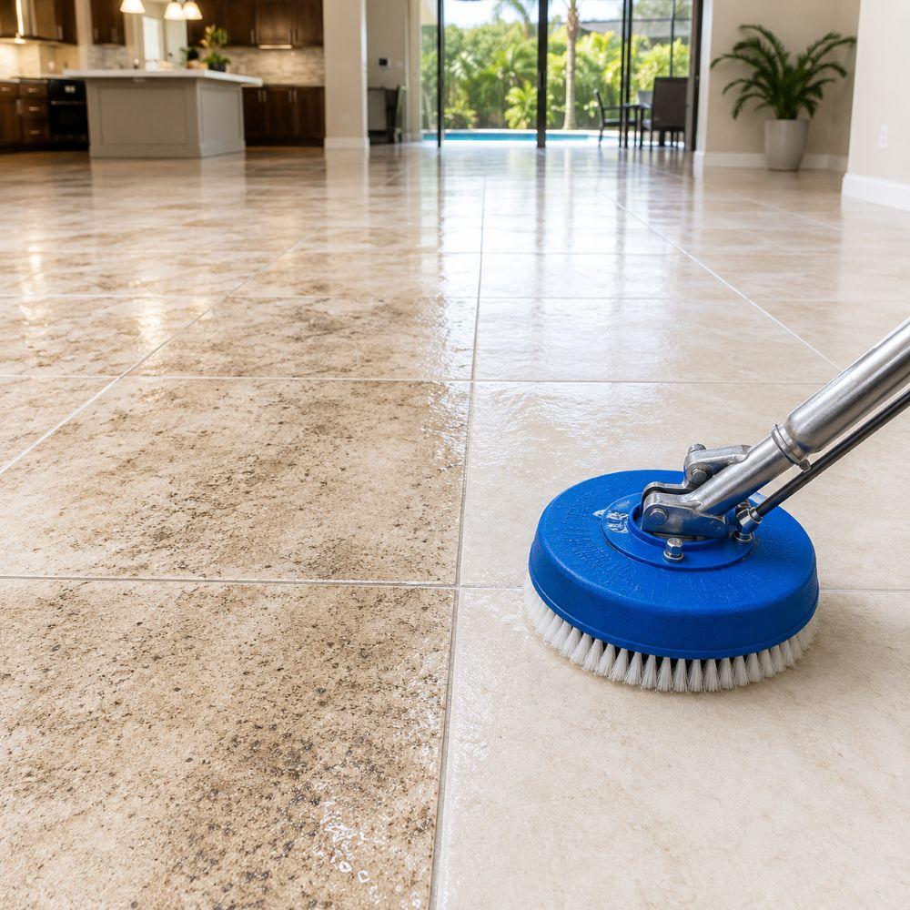 Professional tile and grout cleaning machine restoring a dirty floor in an Orlando home.