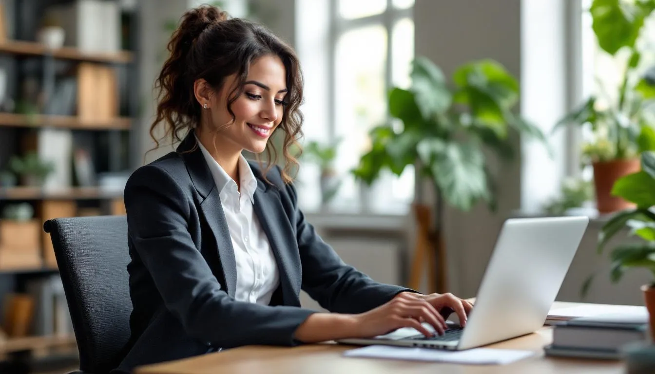 The image depicts a small business owner intently researching various business loan options on a computer, with icons symbolizing different types of financing available for small businesses. This scene illustrates the search for financial assistance to support growth and meet immediate needs, emphasizing the importance of understanding interest rates and loan types in securing the right business funding.