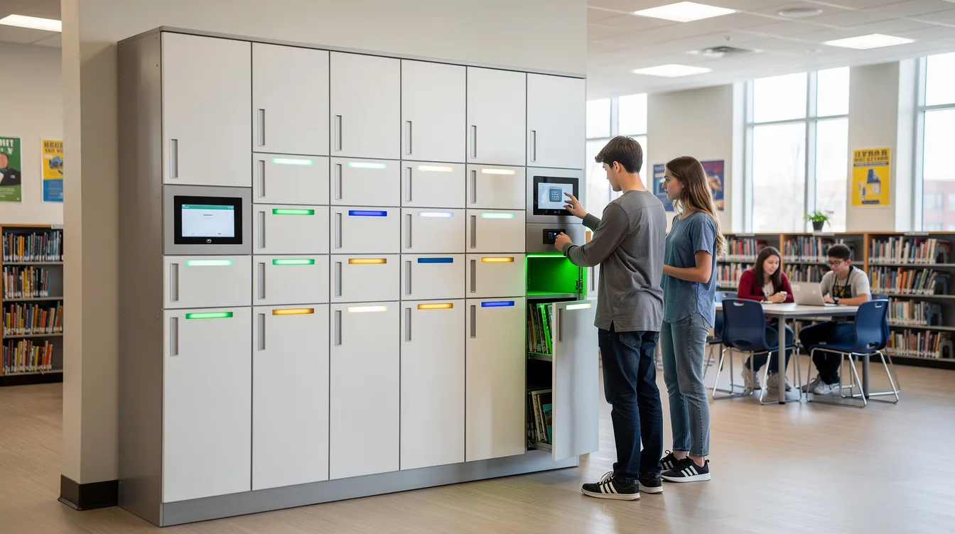 The image shows a modern smart locker unit installed in a bright school media center, equipped with multiple bays featuring LED indicators for charging devices. Nearby, students are interacting with the charging station, which provides secure storage and efficient charging solutions for their chromebooks and other mobile devices.
