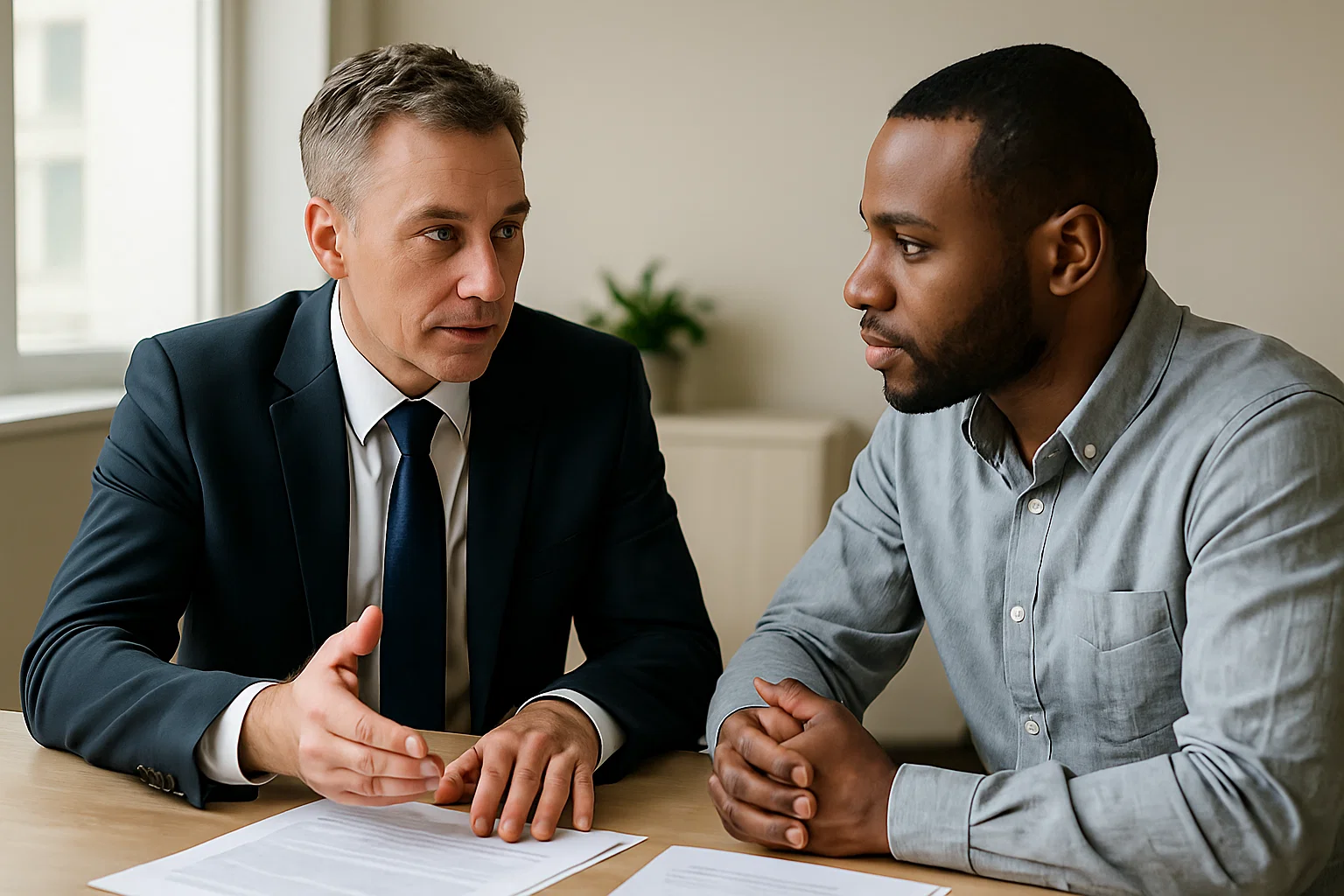 An adviser and client discussing paperwork in a neutral office setting.