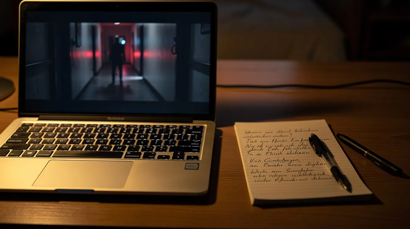 Ein aufgeklappter Laptop zeigt eine gruselige Szene aus dem Horrorfilm "The Shining", während ein Notizblock mit handschriftlichen Notizen und einem Stift daneben liegt. Das warme Licht einer Lampe sorgt für eine gemütliche Atmosphäre, die im Kontrast zu den spannenden Themen der Filmanalyse steht.