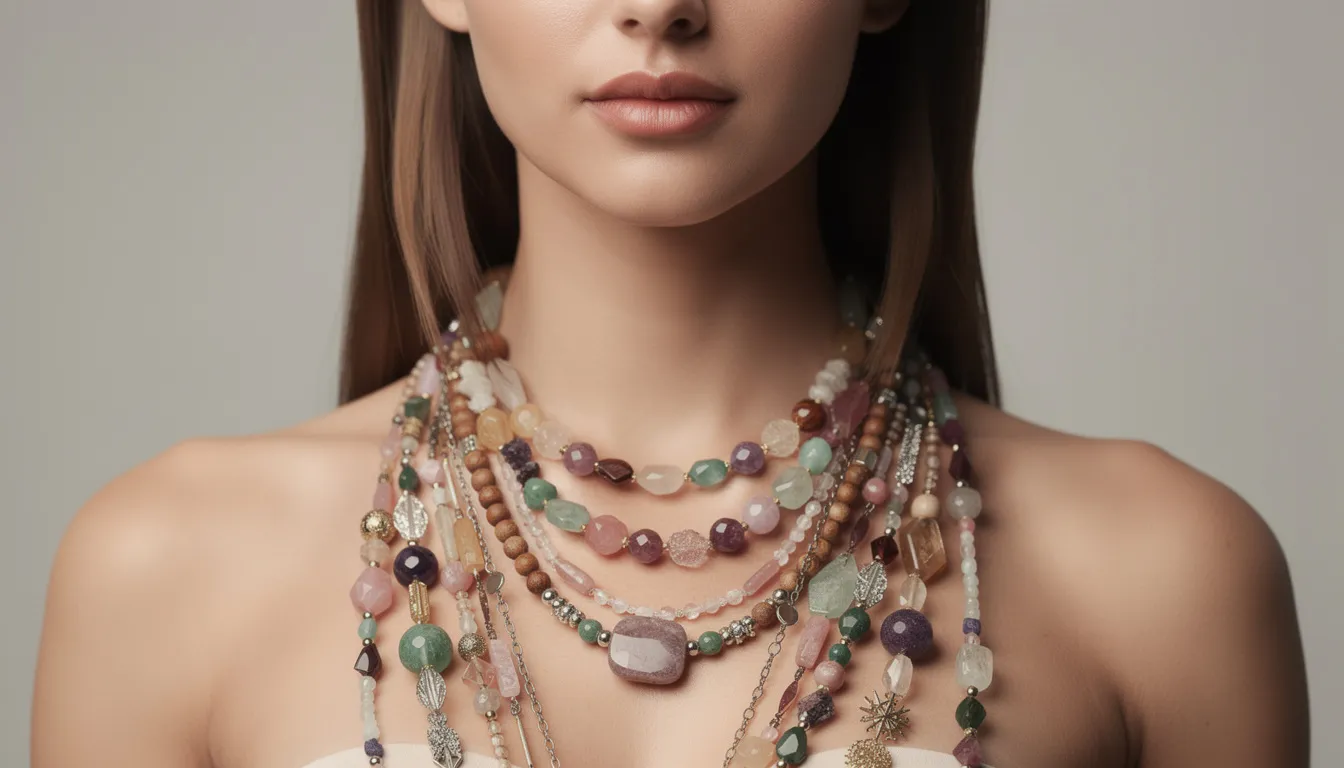 A woman is wearing a stunning collection of layered beaded necklaces in various lengths and styles, showcasing a beautiful mix of colors, including silver and gold. The elegant necklaces add a unique touch to her outfit, perfect for any occasion.