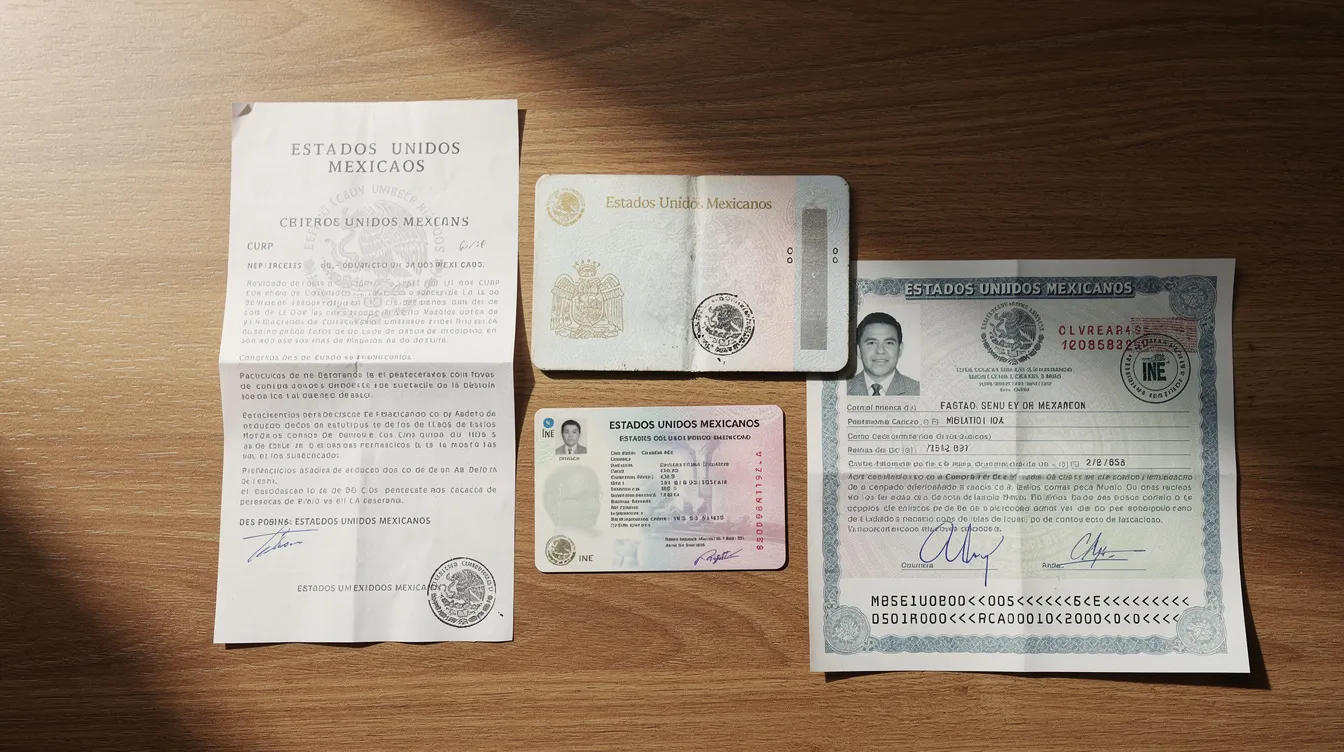 Escritorio con documentos oficiales mexicanos incluyendo acta de defunción, registro civil e identificación oficial.