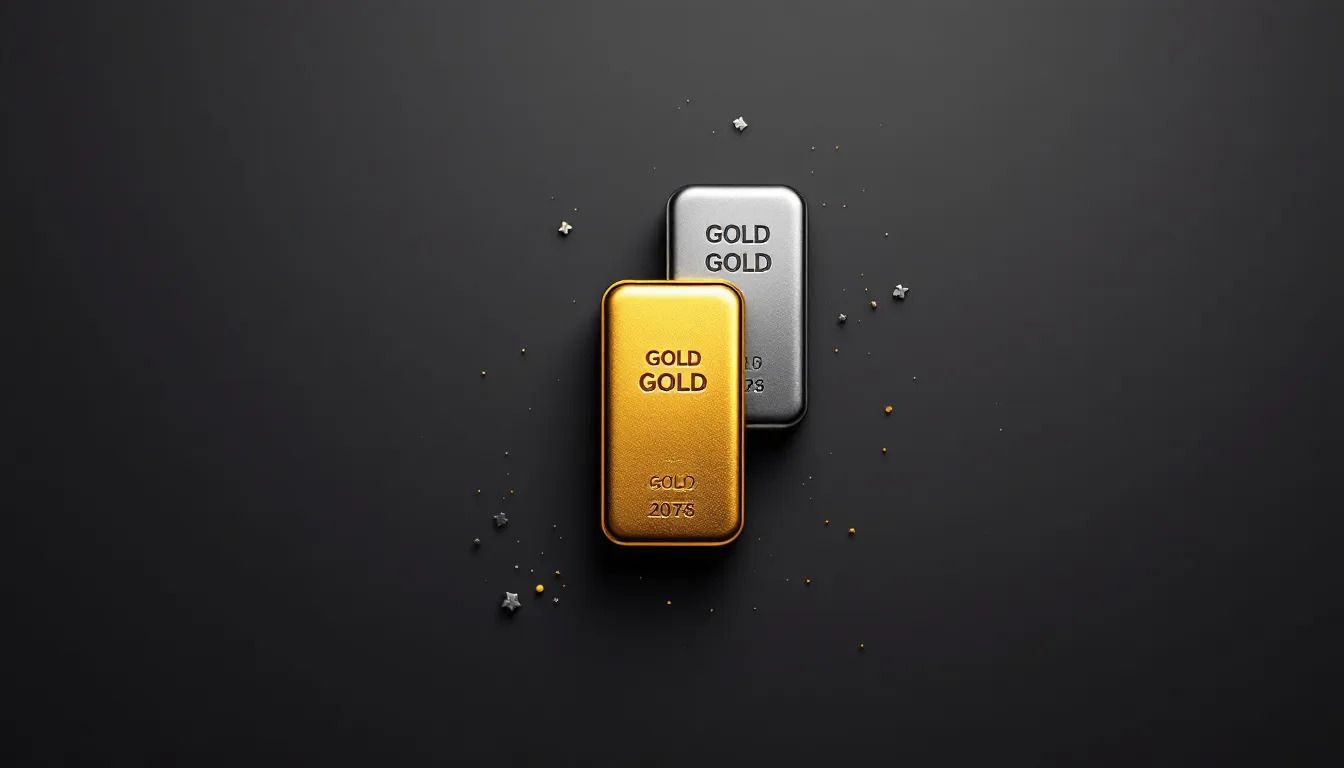 An assortment of precious metals including gold and silver bars, showcasing the concept of physical precious metals investment.