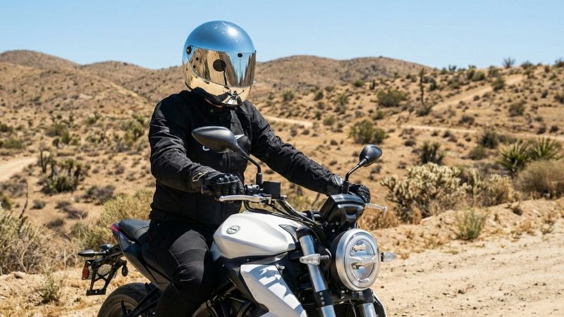 A biker wearing chrome mirror helmet wrap
