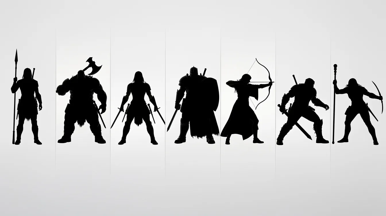 Die horizontale Silhouetten-Collage zeigt sieben unterschiedlich gebaute Kriegerfiguren, die jeweils mit charakteristischer Haltung und Waffe dargestellt sind. In einem minimalistischen Schwarzweiß-Design vor hellem Hintergrund wird die Essenz der "sieben Samurai" und ihrer Rolle als Schwertkämpfer in Akira Kurosawas klassischem Film eingefangen.