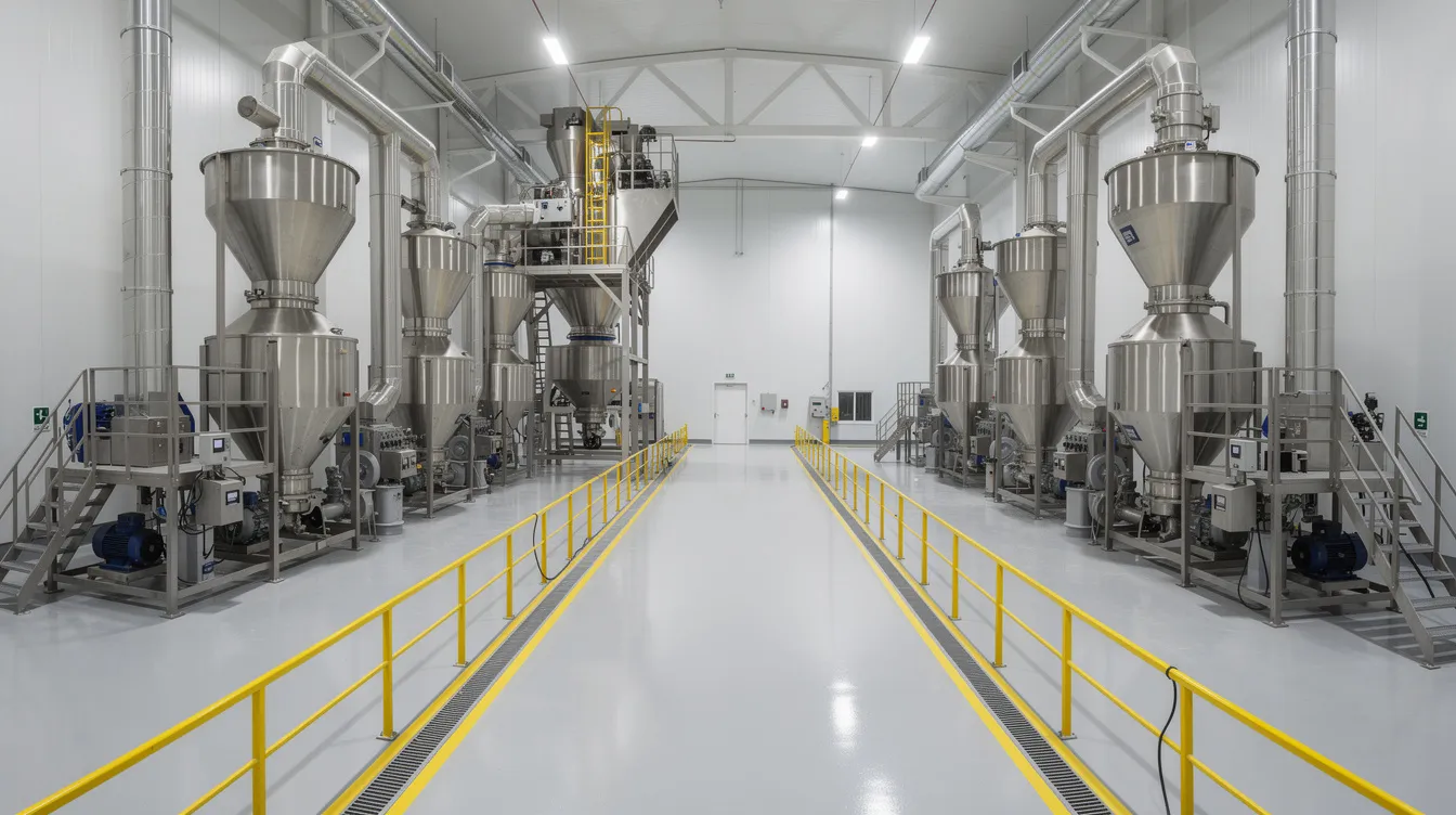 d0a20403 8043 4b64 801e 163b814ad40a The image depicts the interior of a commercial flour milling plant, showcasing steel equipment, hoppers, and conveyors arranged on a clean factory floor. This flour mill, designed for producing various types of wheat flour, including whole wheat flour and atta wheat flour, highlights the organized sector manufacturing process essential for meeting the future flour demand.