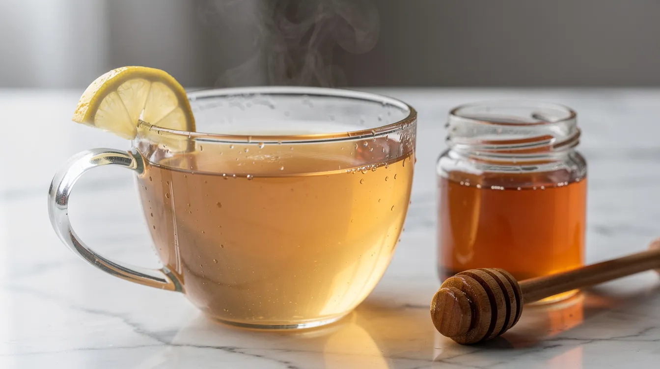 A clear glass teacup filled with light amber soursop tea served with a fresh lemon wedge and honey for balancing the herbal flavor.