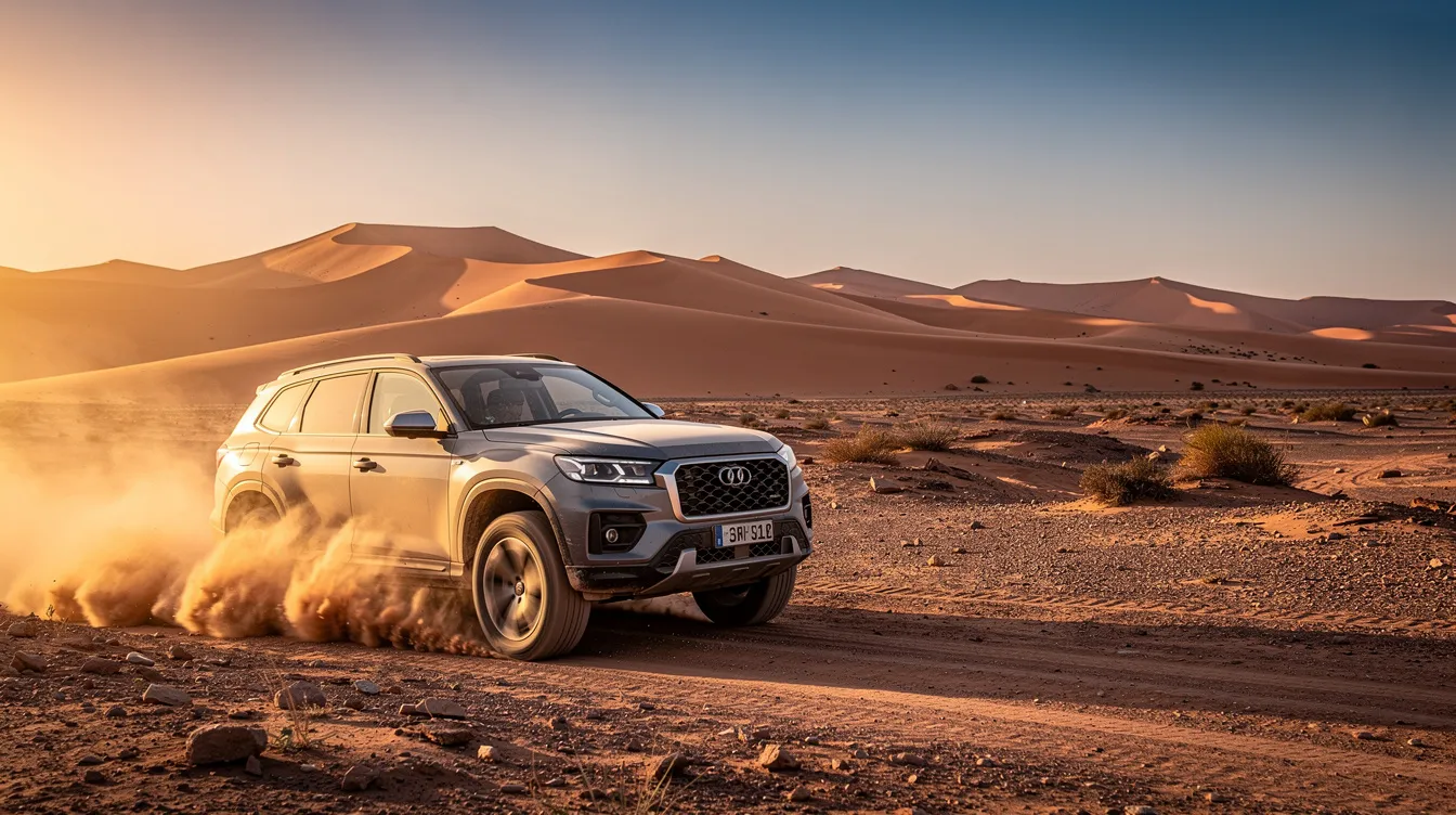 Un SUV avanza por una pista de tierra en el desierto marroquí, rodeado de impresionantes dunas de arena que se extienden hacia el horizonte. La imagen captura la esencia de un viaje de aventura en un entorno desértico.