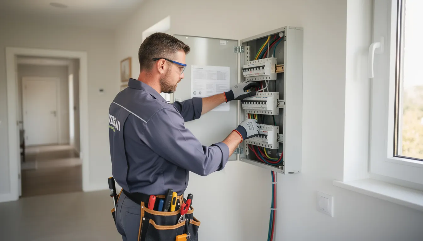 Un électricien professionnel est en train d'intervenir sur un tableau électrique dans une maison, mettant en place des installations électriques conformes aux normes en vigueur. Cette intervention, réalisée par un artisan basé à Saint Herblain, illustre son expertise et son savoir-faire dans le domaine des travaux d'électricité.