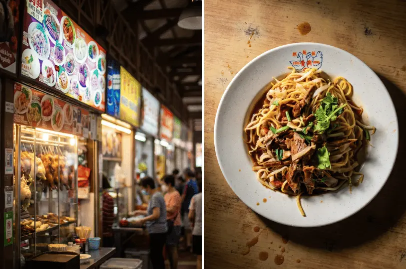 Split-screen image displaying a bustling Newton Food Centre aisle with hanging roasted ducks, next to an artistic overhead shot of a plate of duck noodles garnished with cilantro on a wooden table.