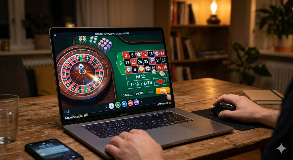 Spela roulette online på dator – digital roulette med roulettehjul, satsningar på bordet och spel i casino online