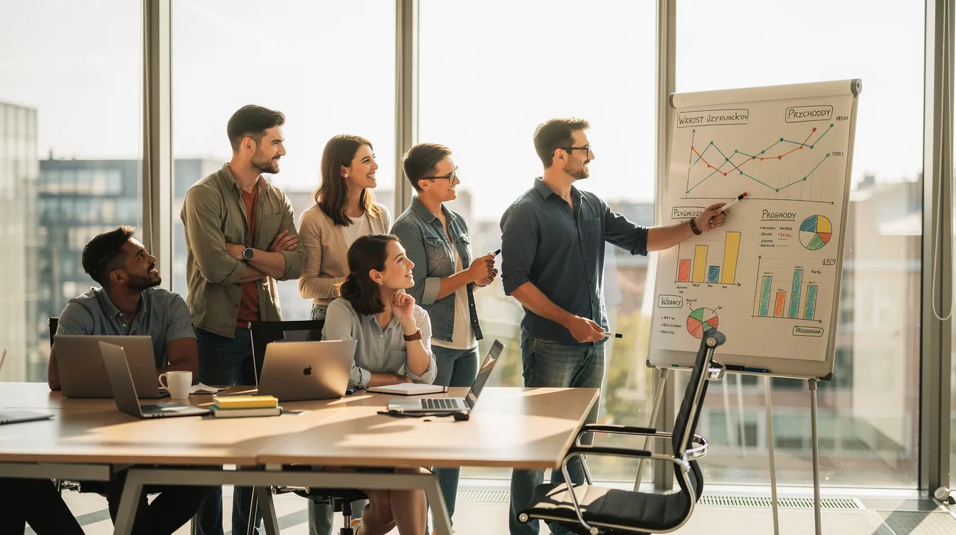 d0a64616 fac8 4dc2 87ef 9a405a87ef0c Na spotkaniu startupowym grupa osób dyskutuje na temat prezentacji przy tablicy, na której widoczne są wykresy ilustrujące różne źródła finansowania przedsiębiorstw oraz strategie finansowania działalności gospodarczej. Uczestnicy wymieniają się pomysłami dotyczącymi wewnętrznych i zewnętrznych źródeł finansowania, które mogą wspierać rozwój ich firm.