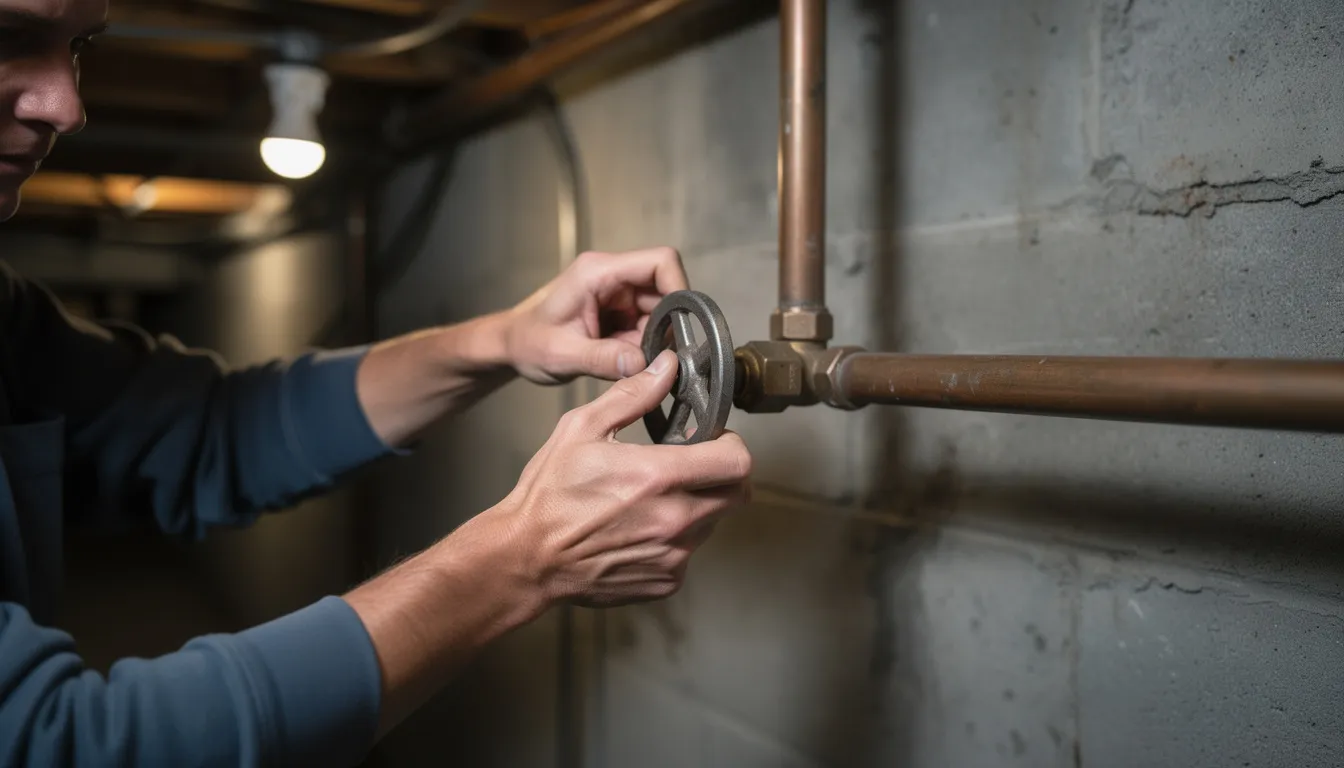 A homeowner's hands are grasping a round shut-off valve in a basement, preparing to turn it to stop the water flow. This action is crucial in addressing a plumbing emergency, such as a burst pipe or broken water supply pipe, to prevent further damage and ensure reliable emergency plumbing services can be performed.