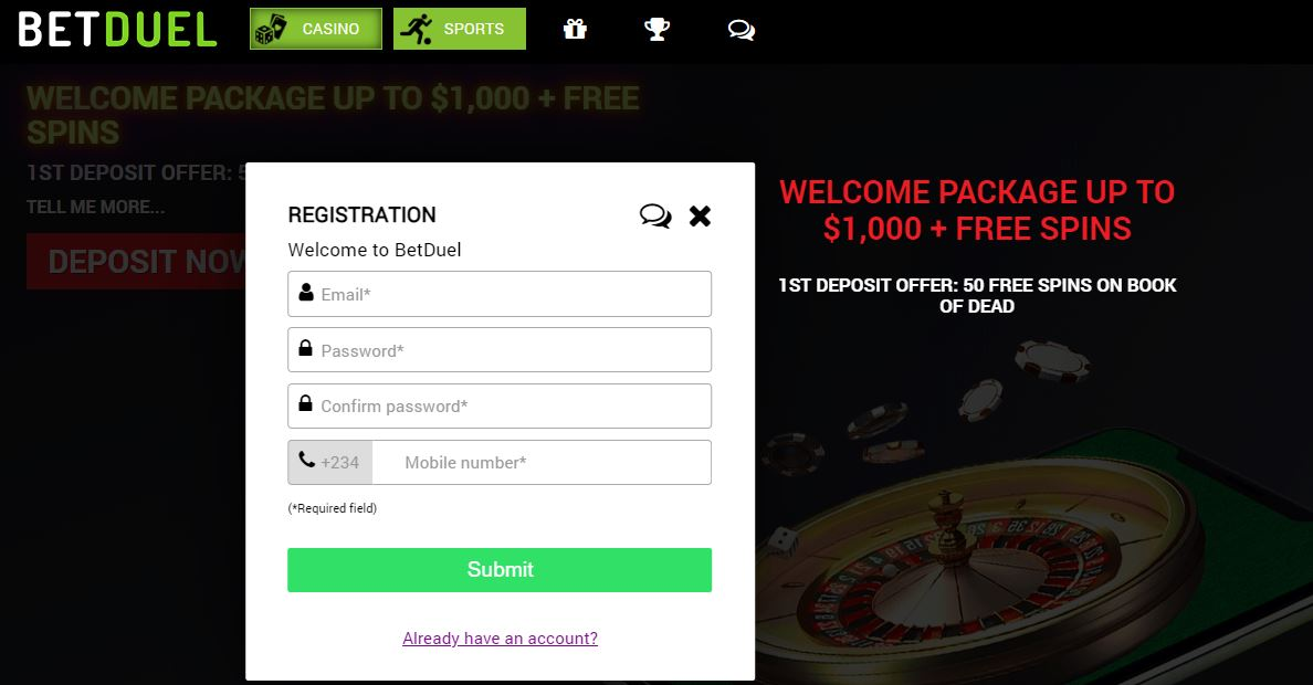Betduel registration (operated by progress play)