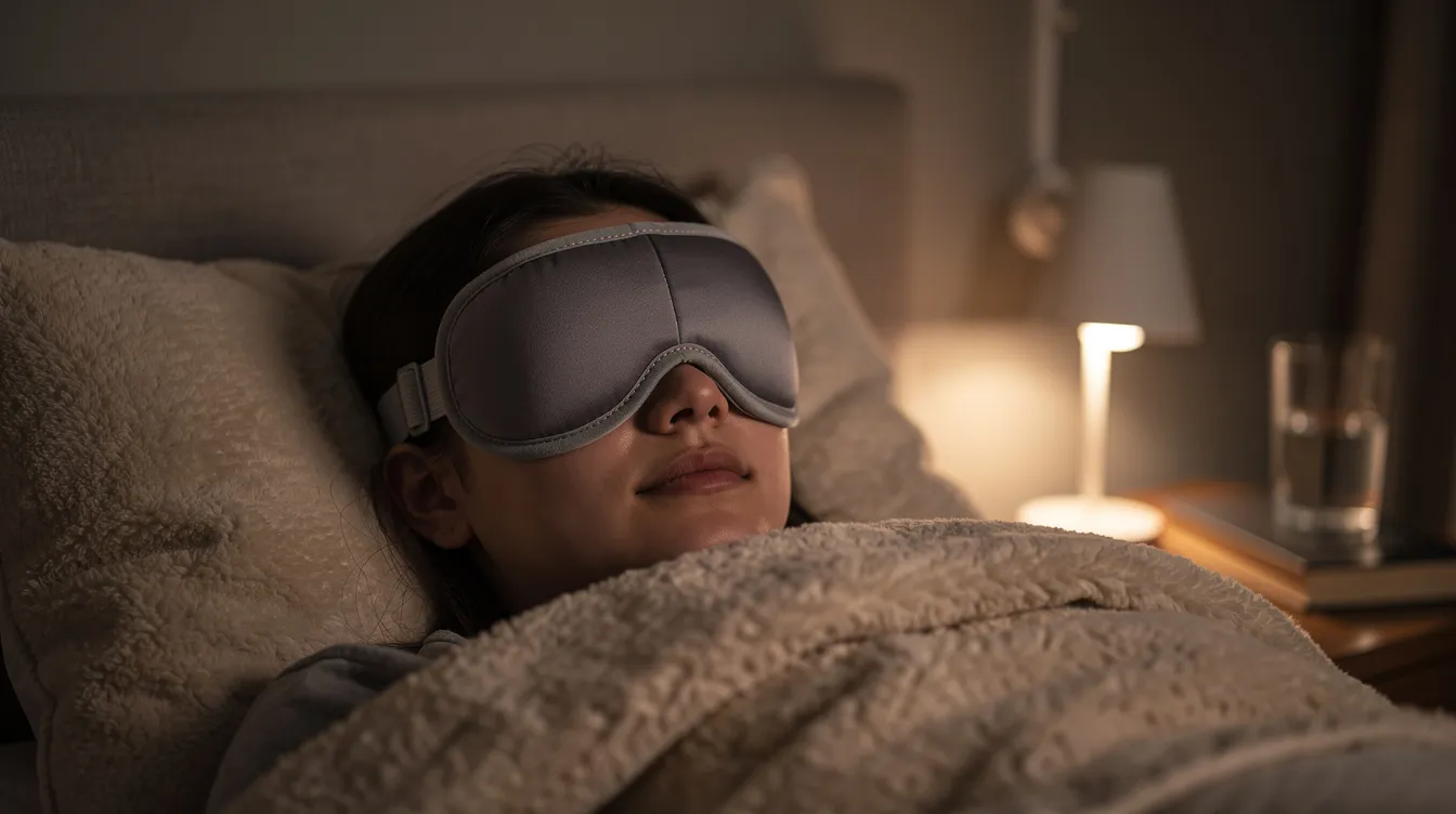 A person is lying in bed wearing a comfortable contoured sleep mask, designed to block out light and create near total darkness for sleep. This setup promotes better sleep quality by reducing light exposure, which is essential for maintaining a healthy circadian rhythm and enhancing overall sleep health.
