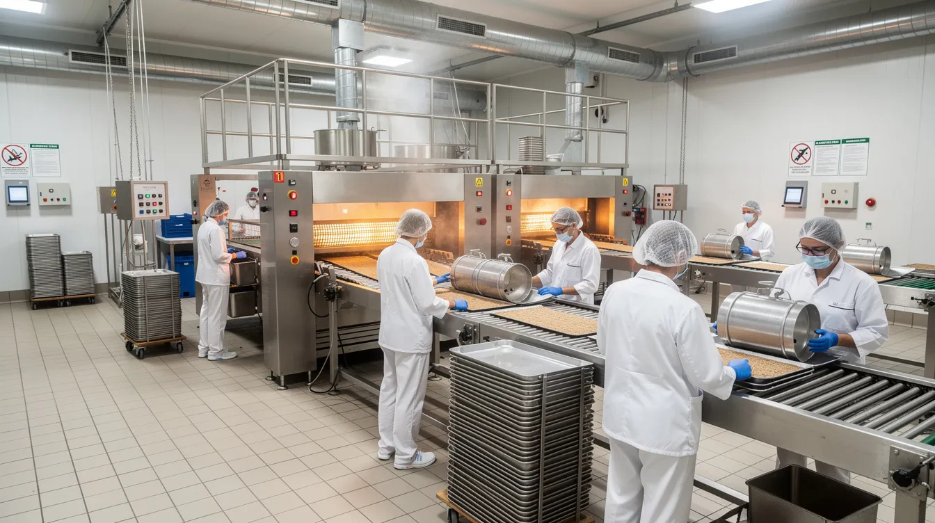 The image depicts the interior of a small semi-automated food processing plant, showcasing metal roasting equipment and workers in white uniforms engaged in the puffed rice manufacturing process. This setting highlights the operations of a profitable food processing business within the Indian processed food industry, focusing on the production of nutritious snack foods.
