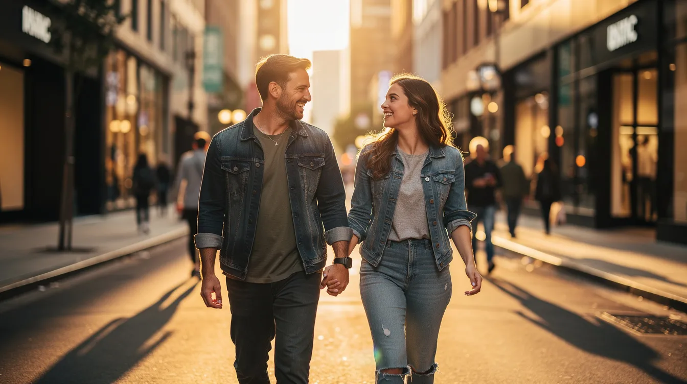A happy couple walks hand in hand down a bustling city street, smiling at each other as they enjoy their time together. This moment captures the essence of modern dating, where many users seek meaningful connections and romantic relationships through dating apps and platforms.