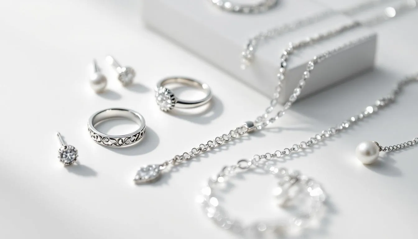 The image showcases a collection of elegant silver jewelry, including a silver necklace, rings, and bracelets, all crafted from sterling silver. This timeless accessory not only enhances aesthetic appeal but also offers numerous health benefits, such as antibacterial and antimicrobial properties that promote good health and well-being for the wearer.