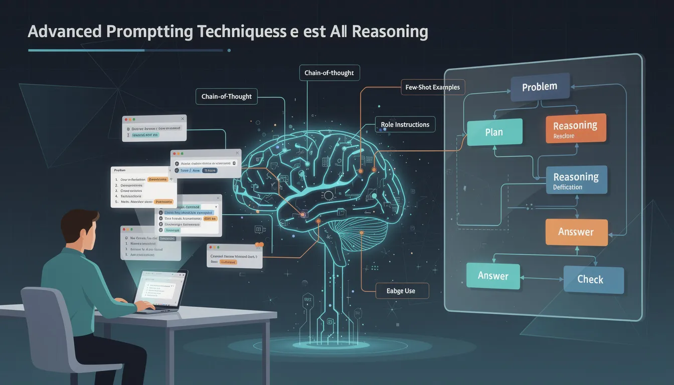 The image illustrates a comprehensive guide on advanced prompting techniques designed to enhance AI reasoning, featuring elements like complex tasks and effective prompts for large language models. It emphasizes the importance of prompt engineering skills, showcasing examples of zero shot and few shot prompting to generate accurate responses and desired outputs from generative AI tools.