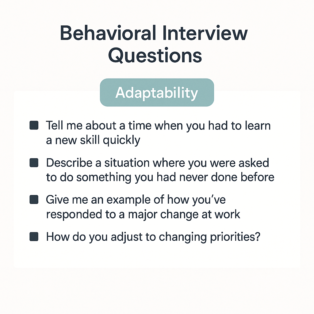 List of four behavioral interview questions focused on adaptability, under a heading labeled 'Behavioral Interview Questions.'