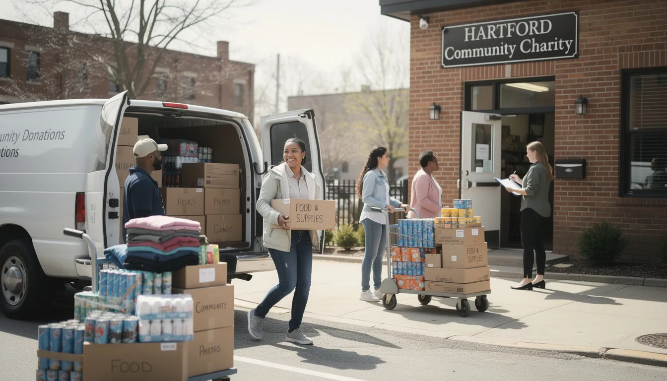 A delivery of donation items, including boxes and old furniture, is being made to a local Hartford charity, showcasing a community effort to support those in need. The scene highlights the importance of responsible disposal practices and eco-friendly junk disposal, as these unwanted items find a new purpose in serving others.
