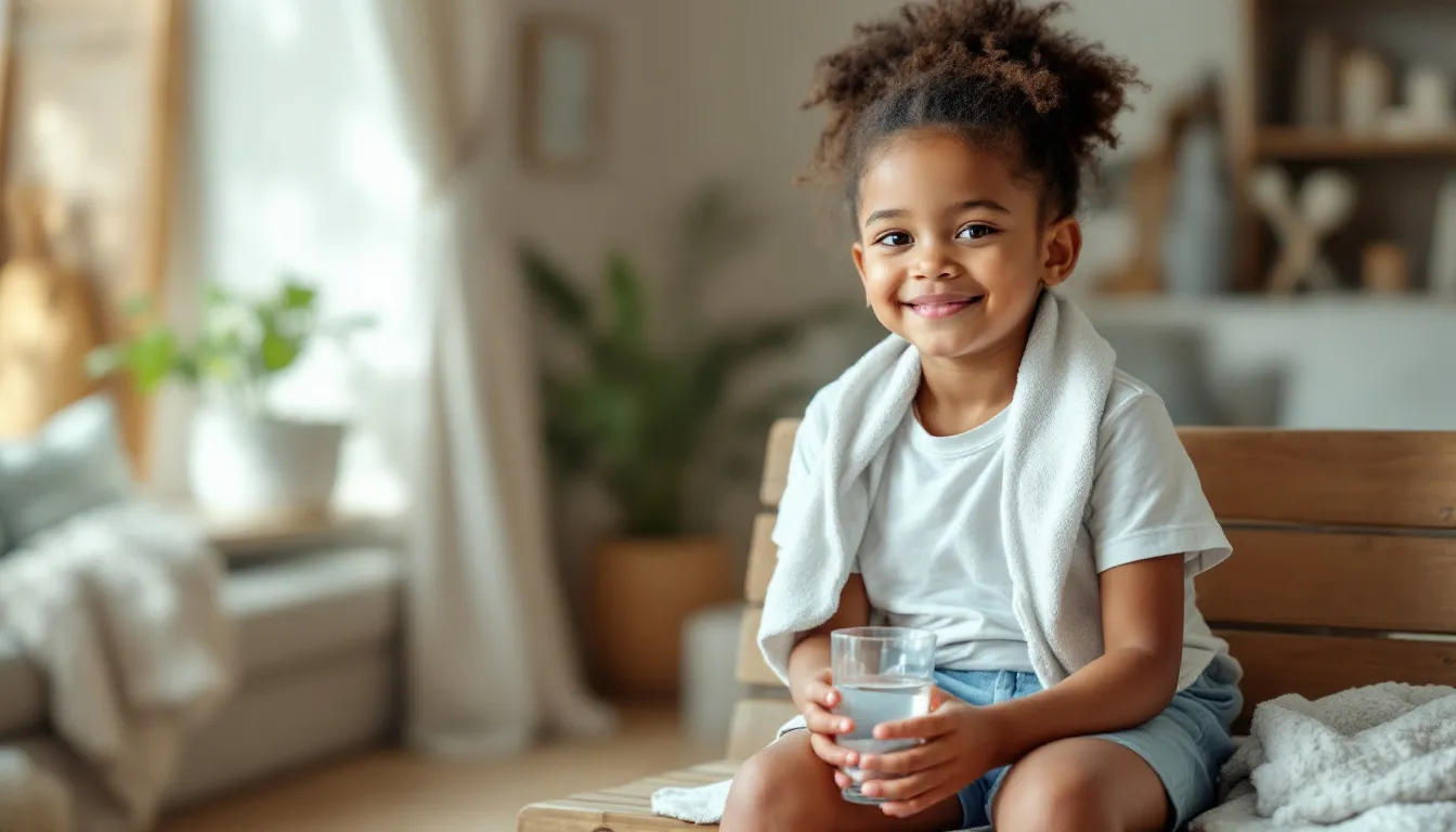 A child hydrating after an infrared sauna session, showcasing the importance of hydration and cool down.