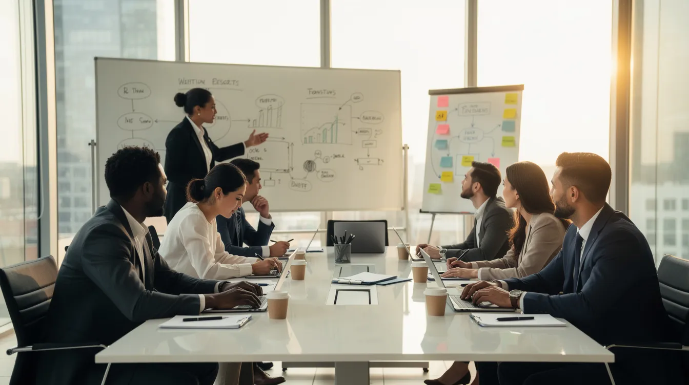 The image depicts a diverse group of professionals collaborating around a conference table, equipped with laptops and whiteboards, emphasizing teamwork and communication skills in the hiring process. This scene highlights the importance of skills-based hiring practices, showcasing how hiring managers engage with qualified candidates to evaluate relevant skills and job performance.