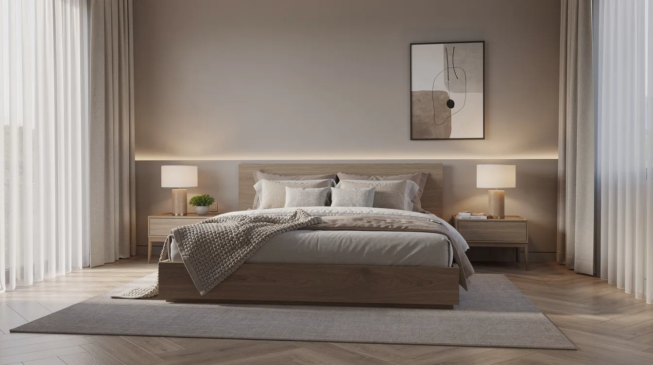Een stijlvol ingerichte slaapkamer met een houten bed, zachte verlichting en neutrale kleuren, waar een goed matras voor optimale ondersteuning zorgt. De ruimte straalt rust uit, ideaal voor een goede nachtrust en comfortabele slaapervaring.