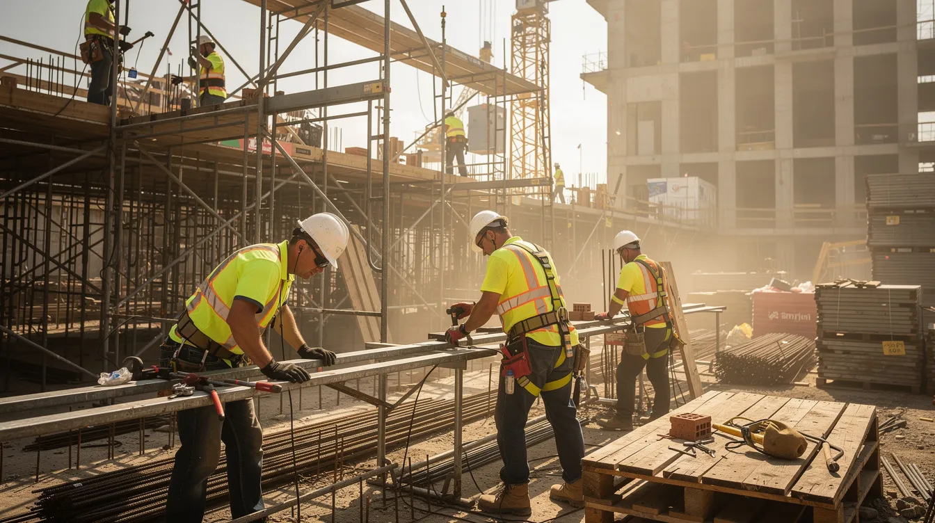 The image depicts construction workers on a job site surrounded by scaffolding, all wearing safety helmets and harnesses to ensure their protection. This scene highlights the importance of workplace safety and the potential for workplace injuries, which may lead to workers compensation claims or personal injury lawsuits in Colorado's workers compensation system.