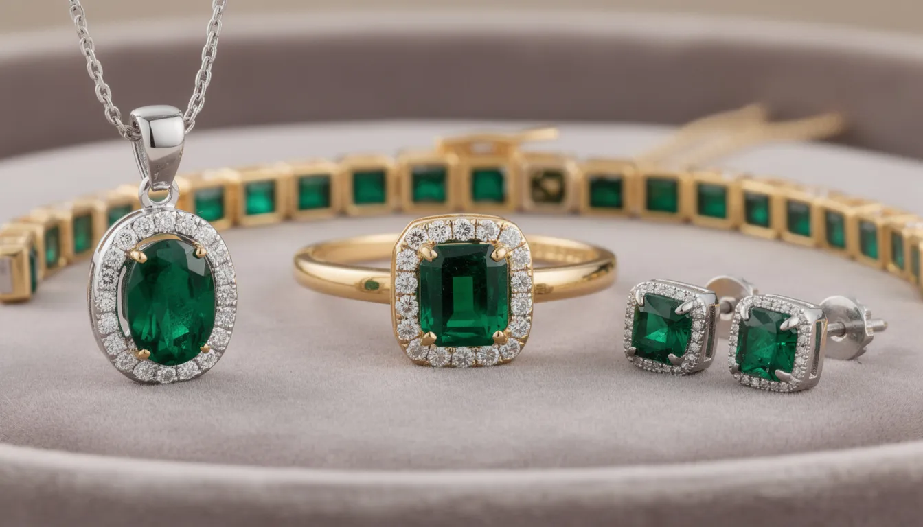 The image showcases a stunning collection of emerald jewellery set in yellow gold, highlighting the vivid green tones of natural emeralds. The intricate designs, including an emerald ring and elegant pendants, beautifully contrast with diamonds and other gemstones, reflecting timeless beauty and sophistication.