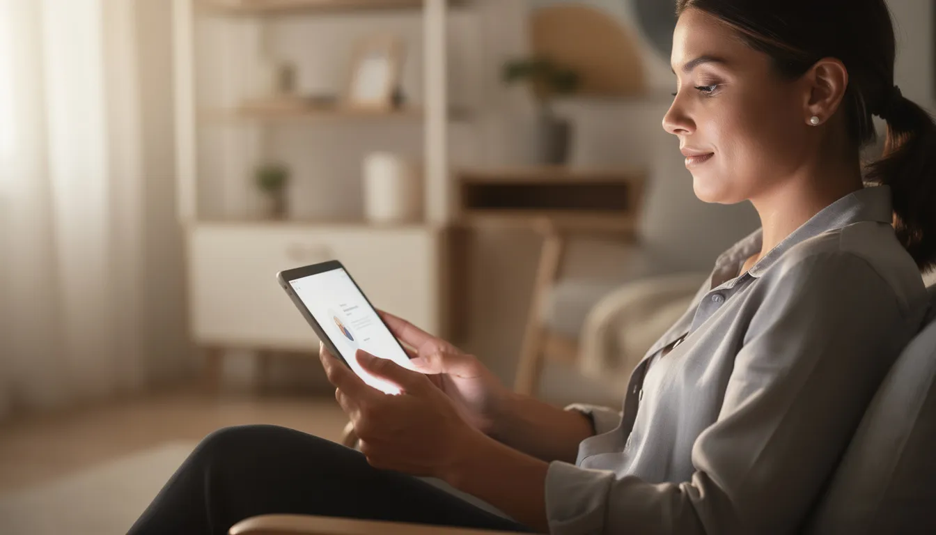 The image shows a person confidently using a tablet device, displaying a calm and secure expression, suggesting they are effectively managing their personal and financial information. This serene demeanor may indicate their proactive approach to identity monitoring and protection against identity theft.