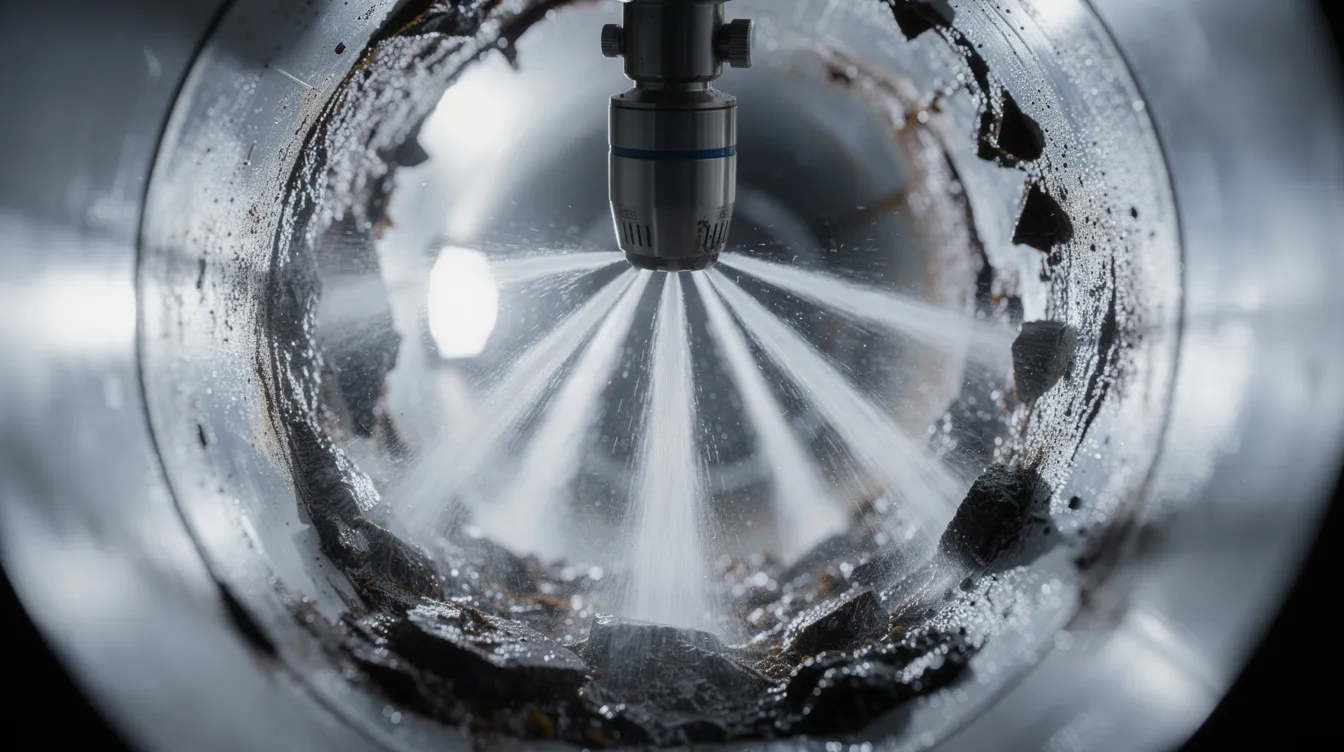 A close-up view shows a high-pressure water jet nozzle actively cleaning the interior of a residential drain pipe, highlighting the effectiveness of drain cleaning services for Bellevue homeowners. This professional plumbing technique addresses common plumbing problems and ensures a reliable plumbing system.