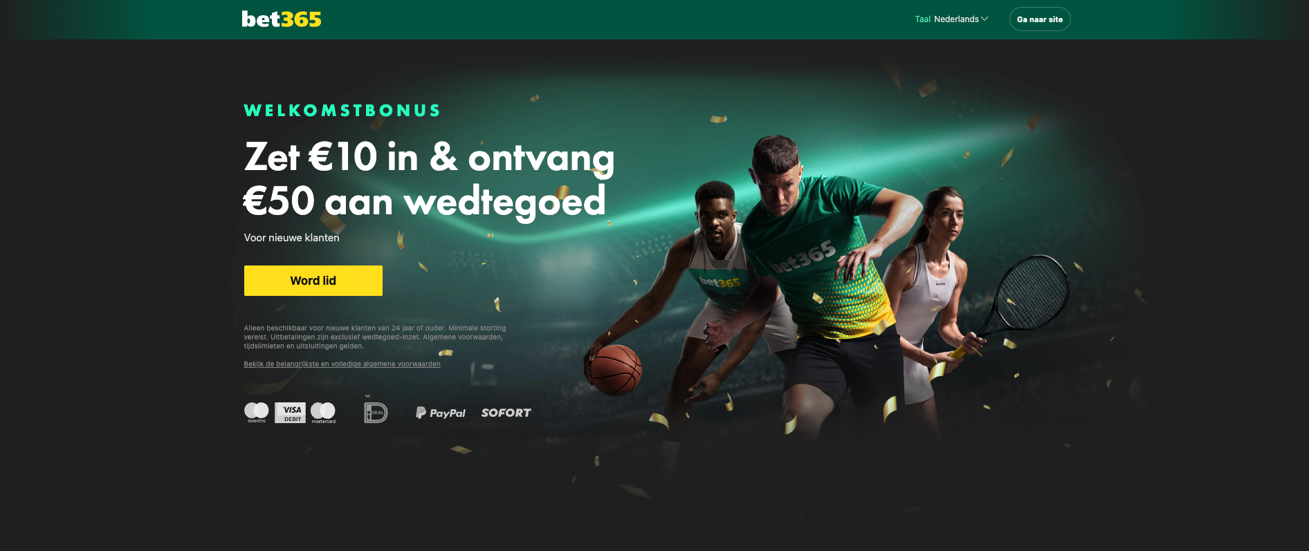 Bet365 welkomstbonus voor nieuwe klanten – zet €10 in en ontvang €50 aan wedtegoed, legale bookmaker met snelle uitbetalingen en storting bonus in Nederland.