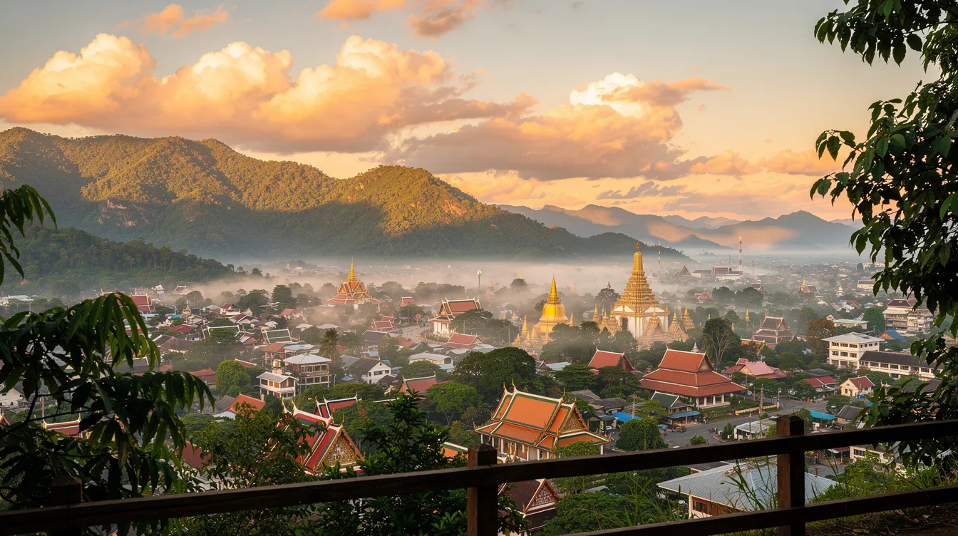 A imagem mostra uma vista deslumbrante de Chiang Mai, na Tailândia, com montanhas ao fundo e templos tradicionais que refletem a rica história e cultura da cidade. O céu azul e as nuvens brancas complementam a paisagem, tornando-a um destino imperdível para quem viaja pelo sudeste asiático.