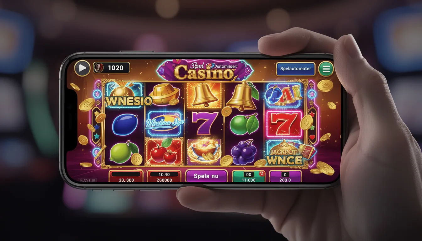En smartphone visar ett färgglatt casino-gränssnitt med olika spelautomater, inklusive alternativ från otto casino. Skärmen har ikoner för bonusar och free spins, vilket ger en inblick i den spännande spelupplevelsen hos online casinon.