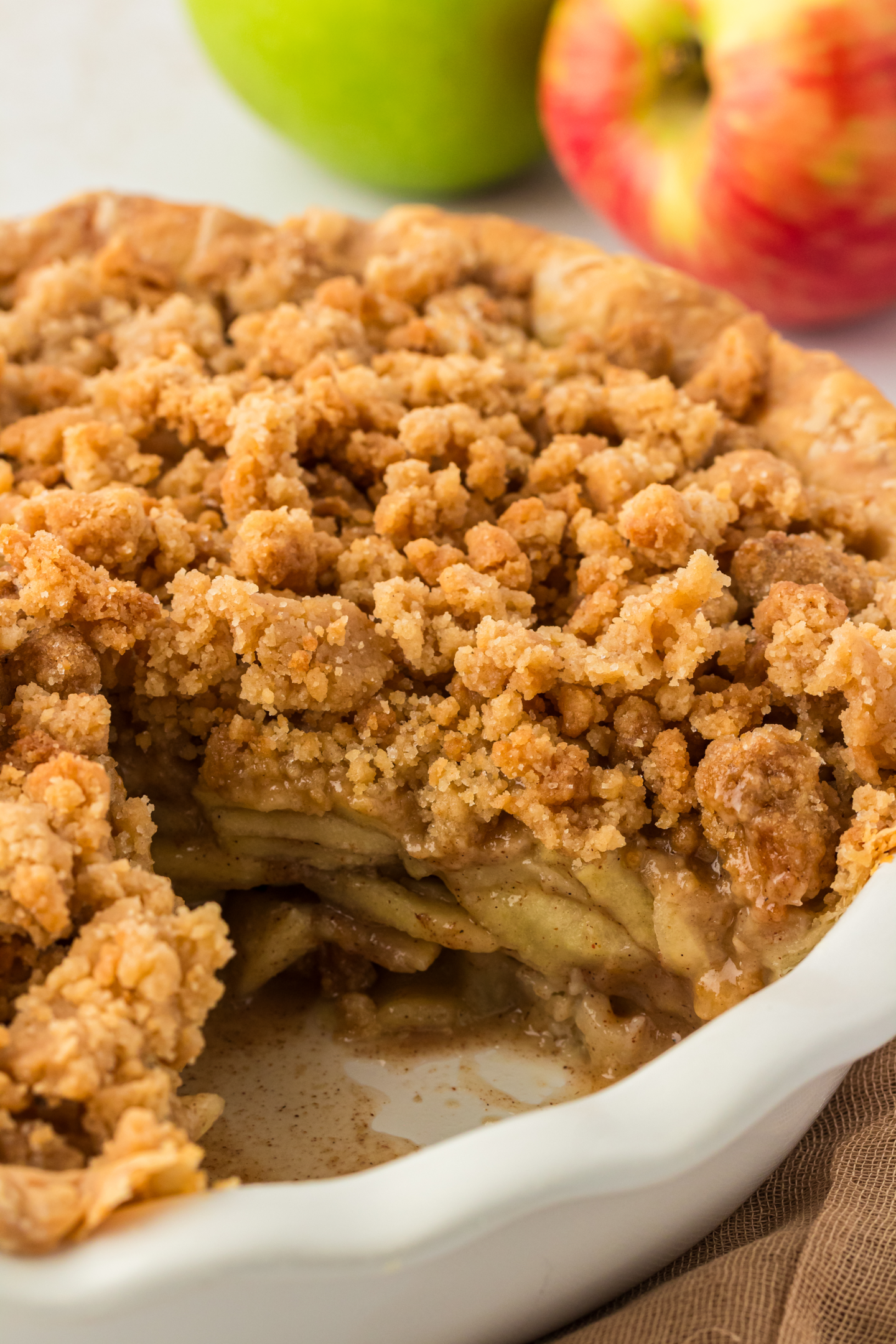 dutch apple pie with piece missing