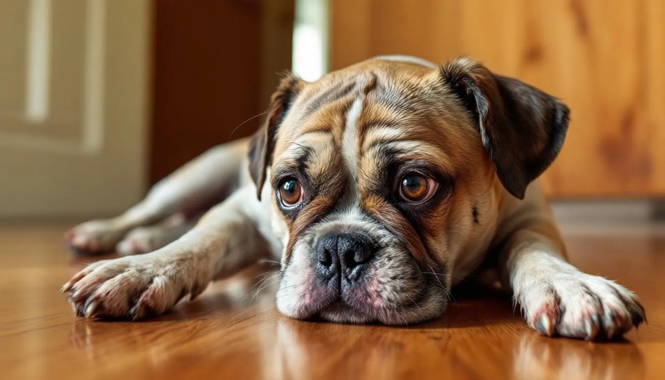 A small dog appears confused and disoriented after a fall, displaying signs of potential head trauma, which may indicate a concussion. The dog
