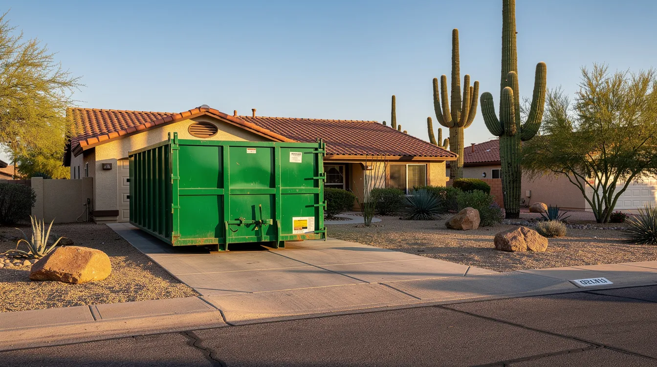 A roll-off dumpster is parked in a residential driveway surrounded by desert landscaping, featuring tall saguaro cacti in the background. This scene highlights the practical use of dumpster rentals for waste disposal during home cleanouts or renovation projects in Tucson, AZ.