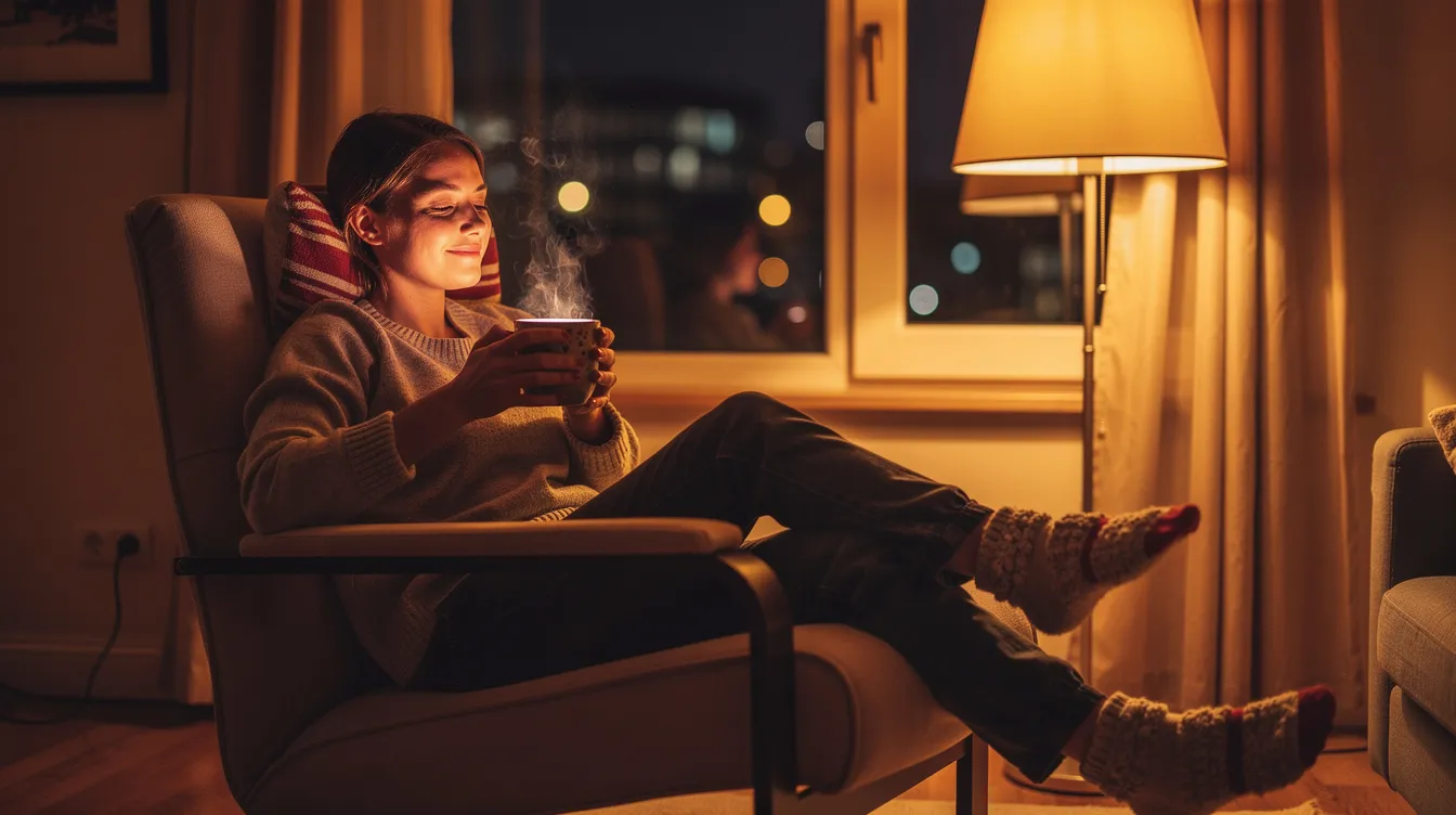 Eine entspannte Person sitzt in einer gemütlichen Abendatmosphäre und hält ein warmes Getränk in der Hand, während sie die beruhigende Wirkung von Heilpflanzen wie dem Baikal Helmkraut genießt. Der Raum strahlt eine harmonische Stimmung aus, die zur Entspannung und zur Linderung von Stress und Angstzuständen beiträgt.