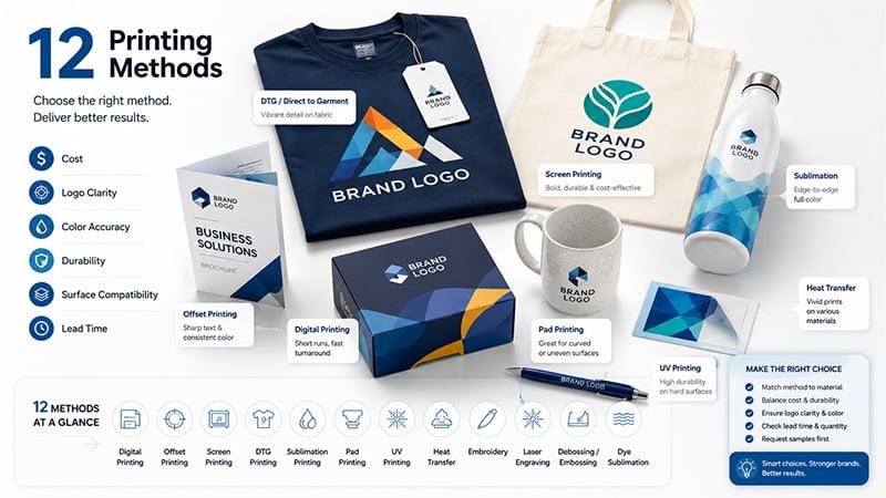 12 printing methods for custom promotional products including apparel bags bottles mugs packaging pens and branded gifts