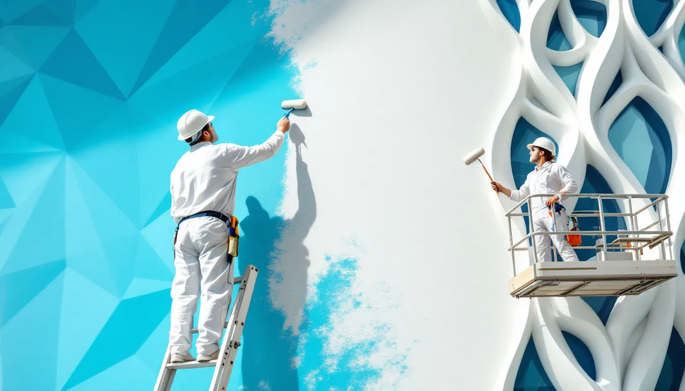 Interior and exterior painting services being performed by skilled painters.