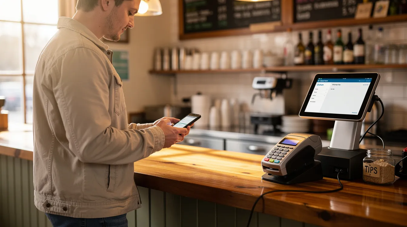 The image shows a local restaurant counter where a customer is using their phone near the payment area, seemingly engaged in a transaction. The scene captures a casual dining atmosphere with the customer appearing to choose their payment method.