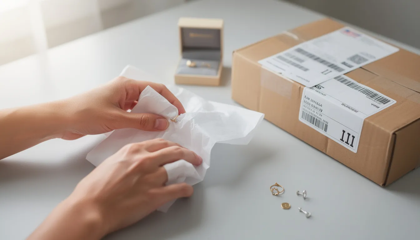 The image shows hands carefully packaging jewelry in soft tissue paper, with international shipping labels prominently displayed. This scene highlights the attention to detail necessary for effective international shipping, appealing to a global market and ensuring that products reach their target audience across different countries.