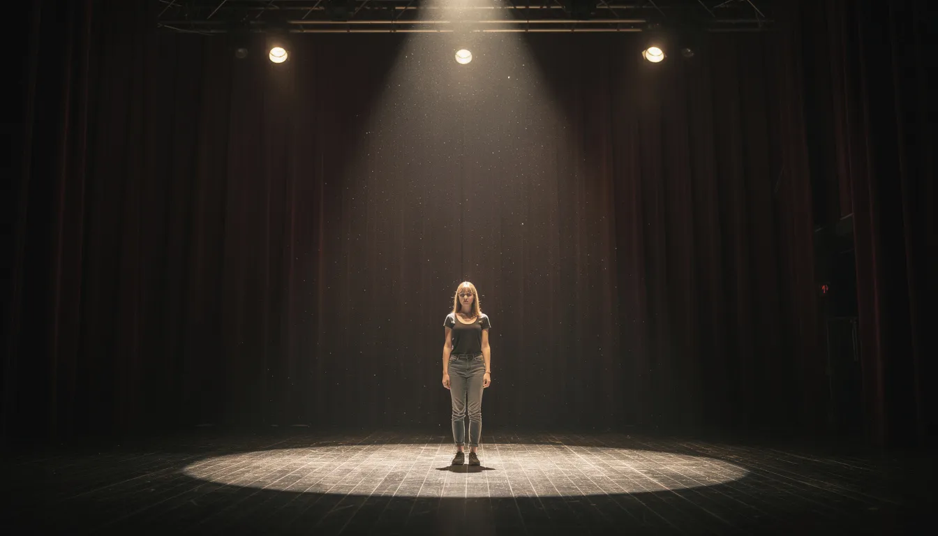 Michaela Weingartner 1 Eine junge Frau steht auf einer Theaterbühne, beleuchtet von Scheinwerferlicht, mit einem Holzboden und einem dunklen Vorhang im Hintergrund. Sie verkörpert eine Rolle in einem Stück und strahlt Präsenz aus, während sie sich auf die Zuschauer konzentriert.